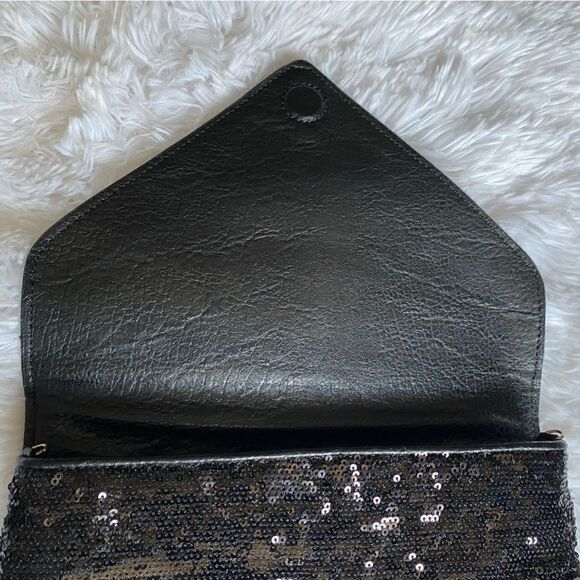 Alexis Hudson Hand Bag Fold Over Clutch Sequin Black Gold Lock No Strap - Picture 5 of 9